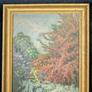 Original Oil Painting (Post-Impressionist Garden Landscape in Gold Frame), Attributed H. Hamm, Circa 1930s 🎨🌳🖼️