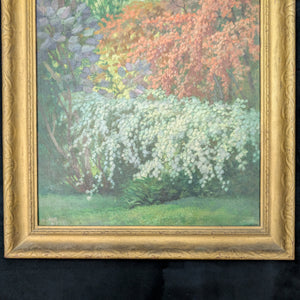 Original Oil Painting (Post-Impressionist Garden Landscape in Gold Frame), Attributed H. Hamm, Circa 1930s 🎨🌳🖼️