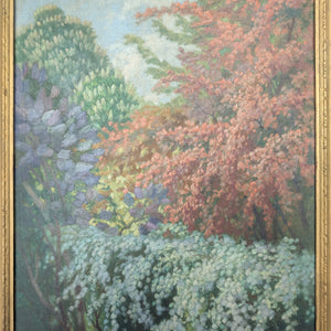 Original Oil Painting (Post-Impressionist Garden Landscape in Gold Frame), Attributed H. Hamm, Circa 1930s 🎨🌳🖼️