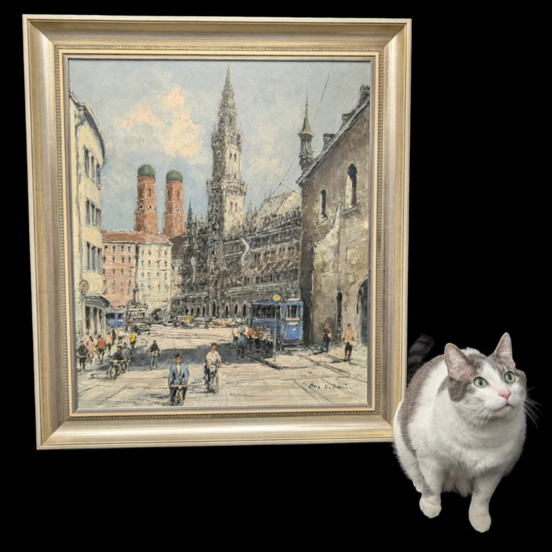 Pintura al óleo impresionista alemana de mediados de siglo de la Marienplatz de Múnich por Otto Hellmeier 🇩🇪