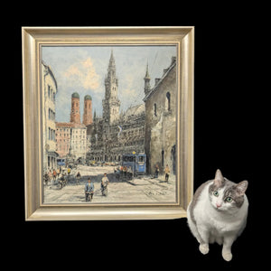 Mid-Century German Impressionist Oil Painting of Munich's Marienplatz by Otto Hellmeier (Cityscape) 🇩🇪📜🎨