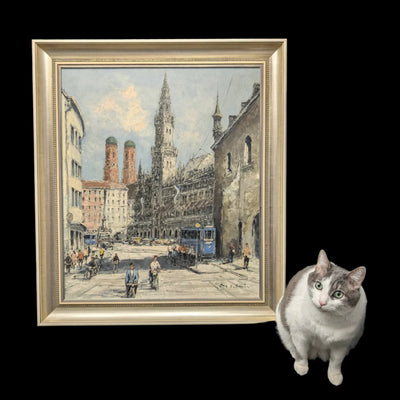 Pintura al óleo impresionista alemana de mediados de siglo de la Marienplatz de Múnich por Otto Hellmeier 🇩🇪
