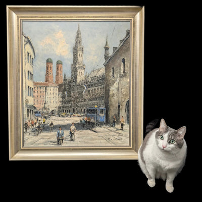 Pintura al óleo impresionista alemana de mediados de siglo de la Marienplatz de Múnich por Otto Hellmeier 🇩🇪