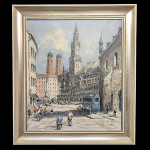 Mid-Century German Impressionist Oil Painting of Munich's Marienplatz by Otto Hellmeier (Cityscape) 🇩🇪📜🎨