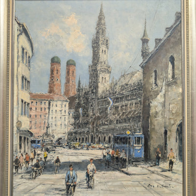 Pintura al óleo impresionista alemana de mediados de siglo de la Marienplatz de Múnich por Otto Hellmeier 🇩🇪