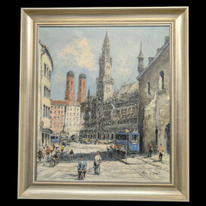 Mid-Century German Impressionist Oil Painting of Munich's Marienplatz by Otto Hellmeier (Cityscape) 🇩🇪📜🎨