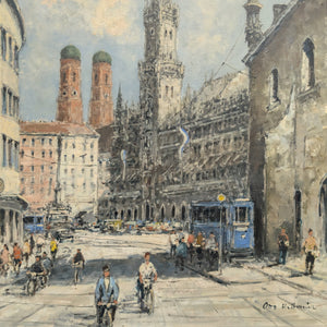 Mid-Century German Impressionist Oil Painting of Munich's Marienplatz by Otto Hellmeier (Cityscape) 🇩🇪📜🎨