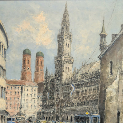 Pintura al óleo impresionista alemana de mediados de siglo de la Marienplatz de Múnich por Otto Hellmeier 🇩🇪