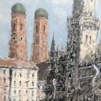 Pintura al óleo impresionista alemana de mediados de siglo de la Marienplatz de Múnich por Otto Hellmeier 🇩🇪