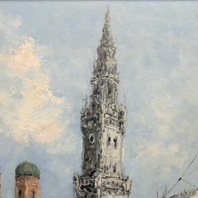 Pintura al óleo impresionista alemana de mediados de siglo de la Marienplatz de Múnich por Otto Hellmeier 🇩🇪