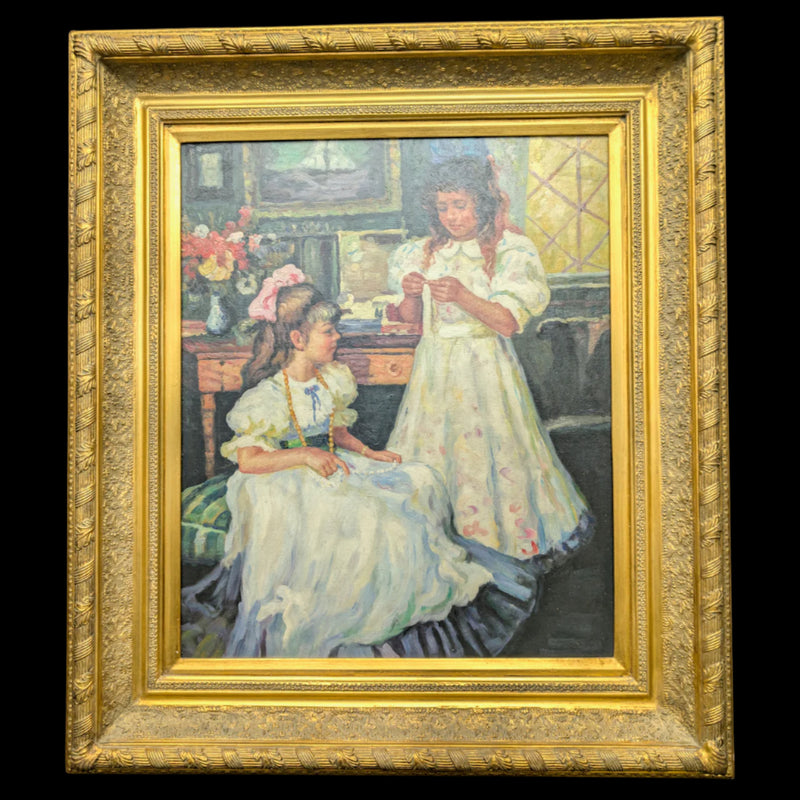 A vintage oil painting of two girls in white dresses, framed in an ornate gold frame.