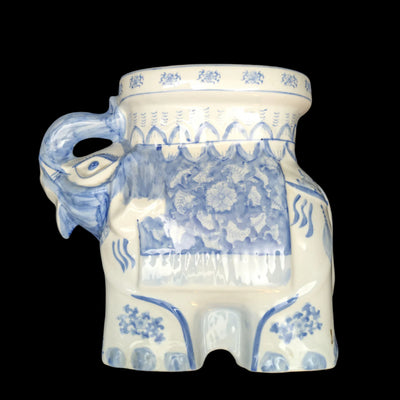 Vintage Blue & White Porcelain Elephant Stool (Chinoiserie Style) – Hand-Painted Accent Table, c. 1960 🐘💙⚜️