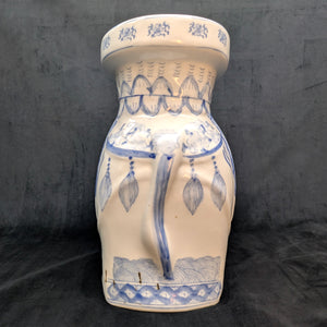 Vintage Blue & White Porcelain Elephant Stool (Chinoiserie Style) – Hand-Painted Accent Table, c. 1960 🐘💙⚜️