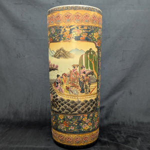 Large Chinese Export Umbrella Stand (RARE SIZE) – Satsuma Style Scenic Porcelain, Hand-Painted, c. 1950 🎨⛩️👑