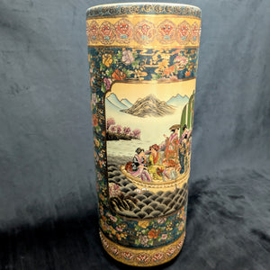 Large Chinese Export Umbrella Stand (RARE SIZE) – Satsuma Style Scenic Porcelain, Hand-Painted, c. 1950 🎨⛩️👑