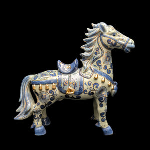 Decorative Porcelain Horse by A RISE – Blue & White Chinoiserie with Gold Gilt (RARE Mark), c. 1960 🐴💙👑