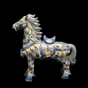 Decorative Porcelain Horse by A RISE – Blue & White Chinoiserie with Gold Gilt (RARE Mark), c. 1960 🐴💙👑
