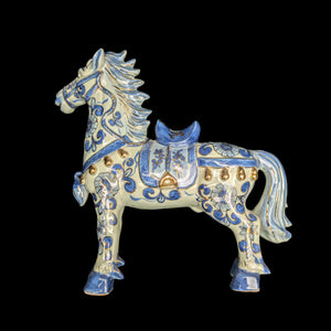 Decorative Porcelain Horse by A RISE – Blue & White Chinoiserie with Gold Gilt (RARE Mark), c. 1960 🐴💙👑