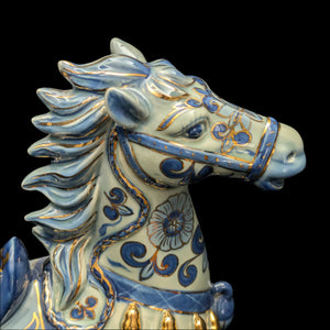 Decorative Porcelain Horse by A RISE – Blue & White Chinoiserie with Gold Gilt (RARE Mark), c. 1960 🐴💙👑