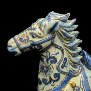 Decorative Porcelain Horse by A RISE – Blue & White Chinoiserie with Gold Gilt (RARE Mark), c. 1960 🐴💙👑