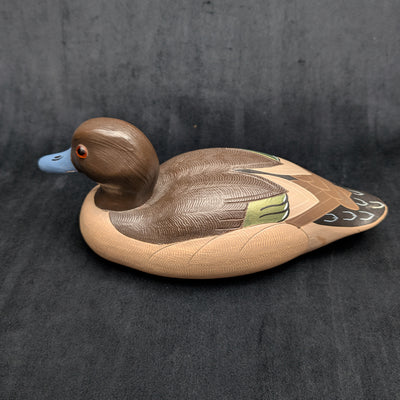 Handbemalte Lockenente mit grünen Flügeln im Vintage-Stil von Wildfowler Decoys (handbemalt, Jagd), 1985 🦆🎨🌿