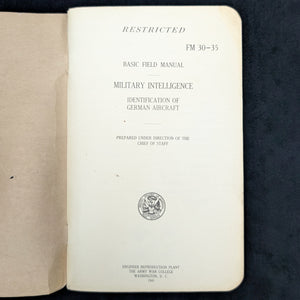 Basic Field Manual, FM 30-35, Identification of German Aircraft (RARE Restricted Edition), 1941 📜✈️💣