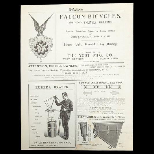 American Magazine Advertisement Page (Falcon Bicycles, Ladies' Leggings, & Bicycle Theft Insurance), 1895 🚴‍♀️⚙️🇺🇸