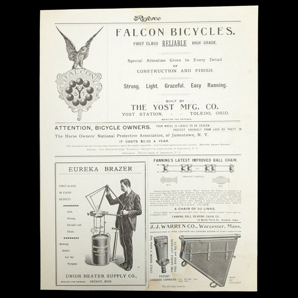American Magazine Advertisement Page (Falcon Bicycles, Ladies' Leggings, & Bicycle Theft Insurance), 1895 🚴‍♀️⚙️🇺🇸