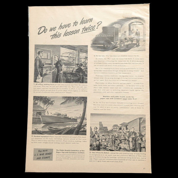 LIFE Magazine Wartime Ad (Do We Have to Learn This Lesson Twice? - Paper Cup Policy), November 1942 🇺🇸😷🚢