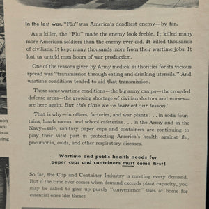 LIFE Magazine Wartime Ad (Do We Have to Learn This Lesson Twice? - Paper Cup Policy), November 1942 🇺🇸😷🚢