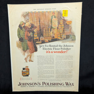 Johnson’s Polishing Wax Advertisement (Electric Floor Polisher Rental), The Saturday Evening Post, November 12, 1927 🇺🇸✨🏡