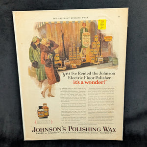 Johnson’s Polishing Wax Advertisement (Electric Floor Polisher Rental), The Saturday Evening Post, November 12, 1927 🇺🇸✨🏡