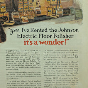 Johnson’s Polishing Wax Advertisement (Electric Floor Polisher Rental), The Saturday Evening Post, November 12, 1927 🇺🇸✨🏡