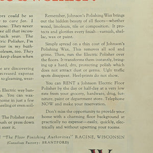 Johnson’s Polishing Wax Advertisement (Electric Floor Polisher Rental), The Saturday Evening Post, November 12, 1927 🇺🇸✨🏡