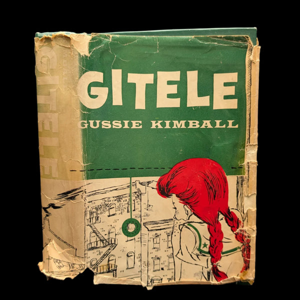An old, worn book with 'GITELE' written in large green letters on the cover, below which there is a sketch of a woman with a red headscarf.