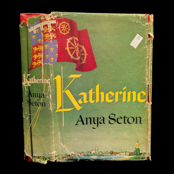 The image shows the cover of the book 'Katherine' by Anya Seton, with an illustration of a flag and a coat of arms, suggesting a historical theme.