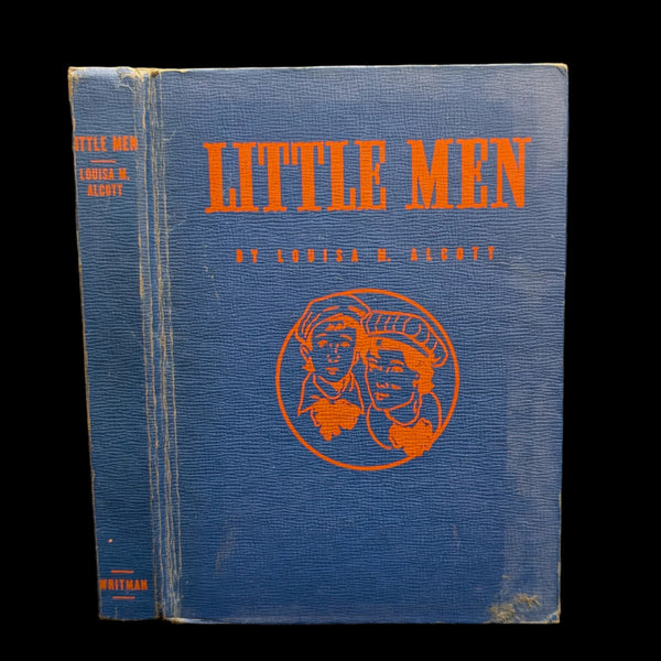 A hardcover book titled 'Little Men' by Louisa M. Alcott with a blue cover and orange text.