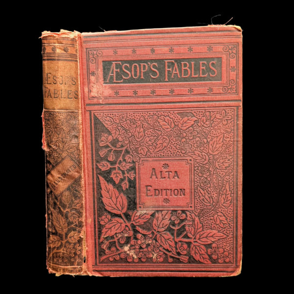 Cover of 'Aesop's Fables: A New Version, Rev. Thomas James, Alta Edition' featuring ornate designs and the title text, with visible signs of wear.