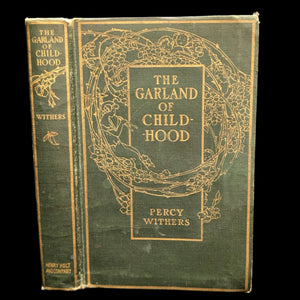 Cover of the book 'The Garland of Childhood' by Percy Withers, featuring decorative floral and child illustrations.
