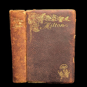 An old leather-bound book with floral embossing and the title 'Milton' printed on the cover.