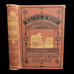 Cover of the book 'Being A Boy' by Charles Dudley Warner, featuring a illustration of a horse and a cow with a decorative border.