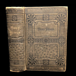 Cover of an 1886 edition of The Holy Bible containing the Old and New Testaments, with decorative盲文 patterns and the American Bible Society's logo.