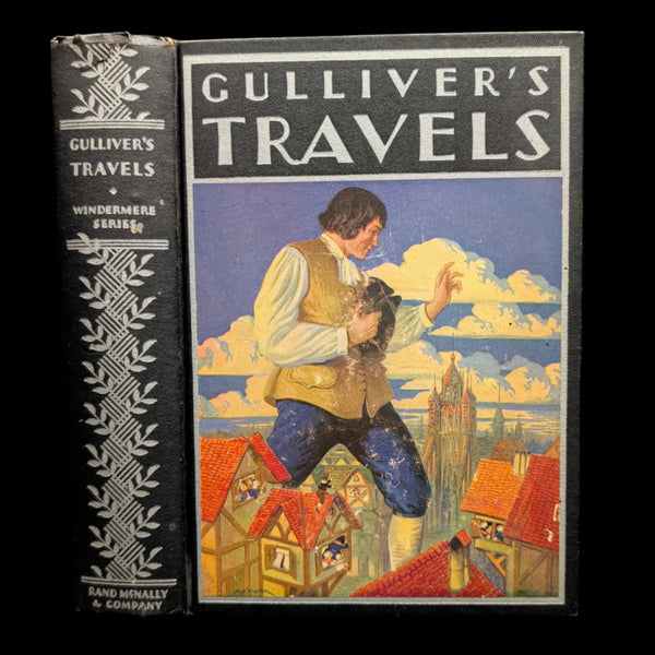 Cover of 'Gulliver's Travels' featuring illustrations of the character Lemuel Gulliver and a village.