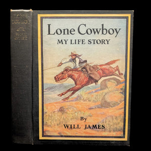 The image shows the cover of the book 'Lone Cowboy, My Life Story' by Will James, featuring an illustration of a cowboy on horseback against a western landscape.
