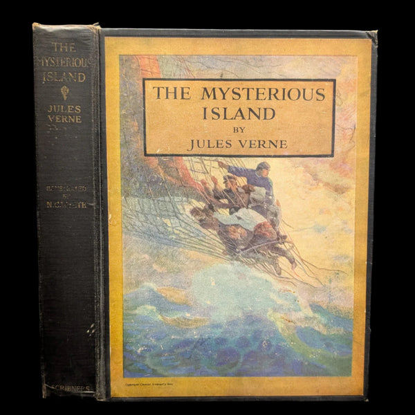 The cover of the book 'The Mysterious Island' by Jules Verne features an illustration of a steamer ship in the ocean with a large cloud or smoke plume behind it, and a small boat with three men on it approach the ship.