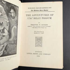 The Adventures of Unc' Billy Possum by Thornton W. Burgess (1922 Bedtime Story-Book Reprint) - Early Gift Inscription 🐾🦉📜
