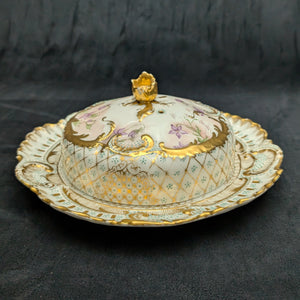 Antique Limoges Covered Butter Dish – A. Lanternier & Co. Mark, Hand-Painted Floral & Gilt (France), c. 1895 🇫🇷👑✨