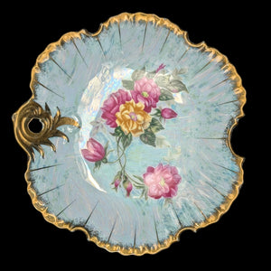 Antique Hand-Painted Nippon Dish – Iridescent Shell Form, Rose Motif & Gilt Handle (Japan), c. 1915 🌸👑🇯🇵