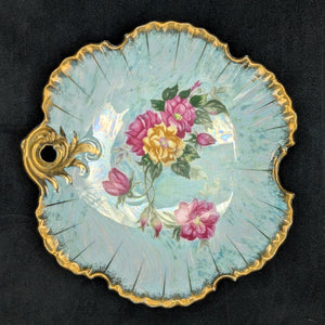Antique Hand-Painted Nippon Dish – Iridescent Shell Form, Rose Motif & Gilt Handle (Japan), c. 1915 🌸👑🇯🇵
