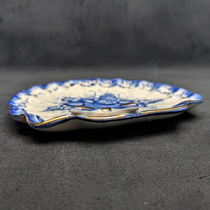 Antique Blue & White Shell Dish – Gzhel Style Floral Motif with Gilt Butterfly (Russia/European Export), c. 1980 🦋💙✨